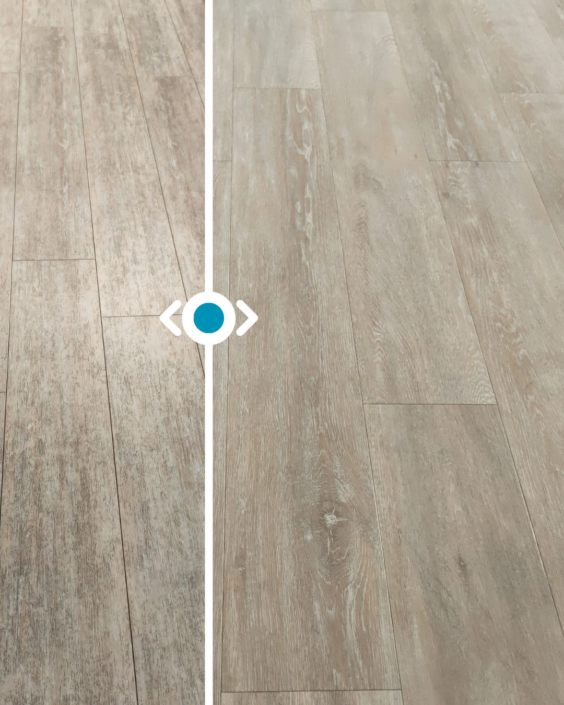 Vorher-nachher Vergleich einer Laminatbodenreinigung von Gelford: links matter, verschmutzter Bodenbelag, rechts gepflegt, sauber und mit natürlichem Glanz