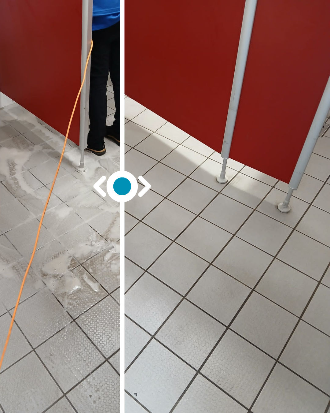 Vorher-nachher Vergleich einer professionellen Fliesenreinigung von Gelford in einem Sanitärbereich: links verschmutzte, nasse Fliesen mit Reinigungsmittel, rechts saubere, trockene und hygienisch wirkende Oberfläche